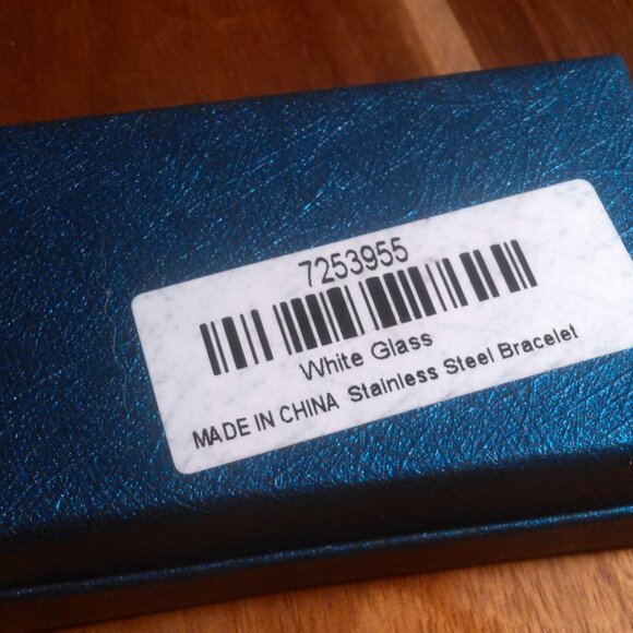 Beveled White Glass Stainless Steel Station Bracelet - Picture 12 of 12